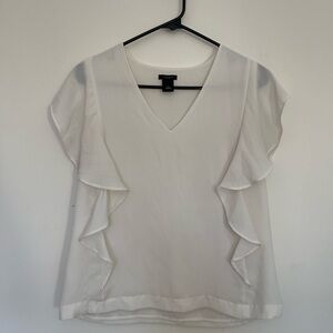 Ann Taylor White Ruffled V-Neck Top Size Small Gently Worn